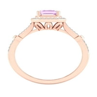 Империјал скапоцен камен 10K розово злато смарагд исечено розово аметист КТ два дијамантски ореол, поделен женски прстен