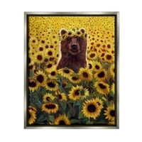Среќна мечка сончогледово поле животни и инсекти Сликање сјај сив врамен уметнички печатен wallид уметност