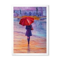 DesignArt 'Девојче одење со црвен чадор под дождот' Француска земја врамена уметничка принт