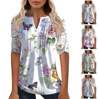 Женски В-Вратот Чипка Спојување Краток Ракав Маици Мода Ребрести Врвови Пуловер Блуза XL