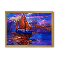 DesignArt „Црвен пловидба брод на виолетово зајдисонце во синиот океан“ наутички и крајбрежен врамен уметнички принт